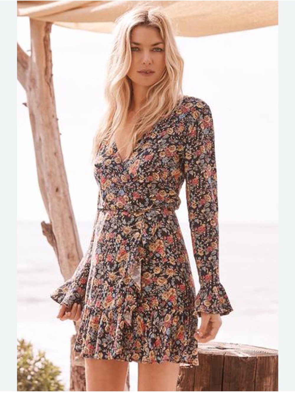 Auguste The Label Black Floral V-Neck Long-Sleeve Mini Dress